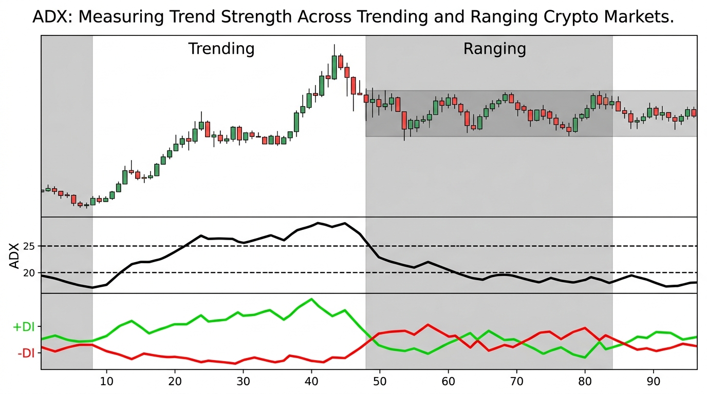 Three-panel crypto chart — top: candlestick price with Trending (white) and Ranging (grey) regions; middle: ADX line rising above 25 during trending, falling below 20 during ranging, with threshold lines at 20/25; bottom: +DI and -DI crossing and separating accordingly