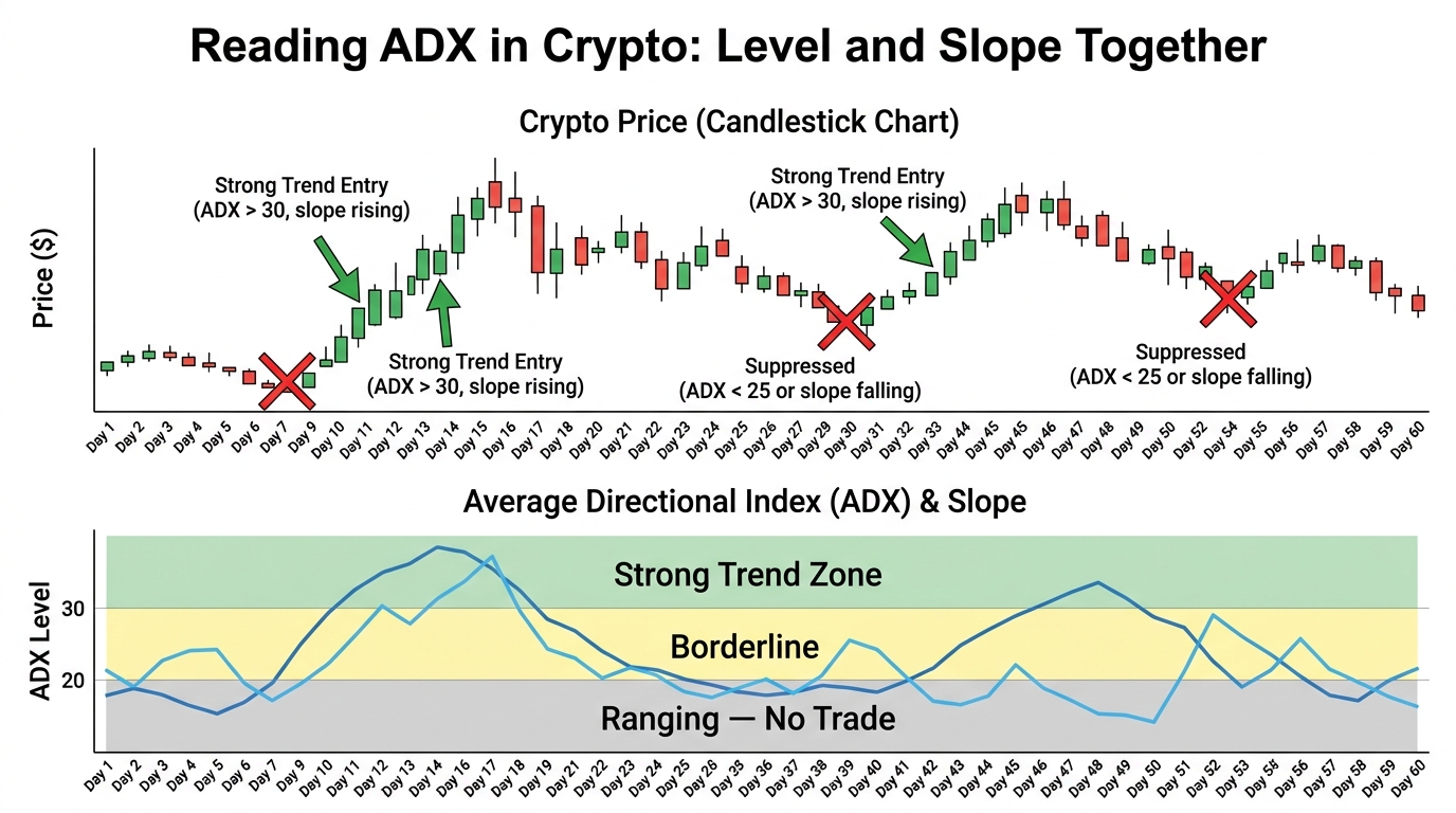 Two-panel crypto chart — top: candlestick with green arrows for Strong Trend Entry (ADX > 30, slope rising) and red X markers for suppressed signals; bottom: ADX line with green zone above 30, yellow zone 20–30, grey zone below 20 labeled "Ranging No Trade," and lighter slope line