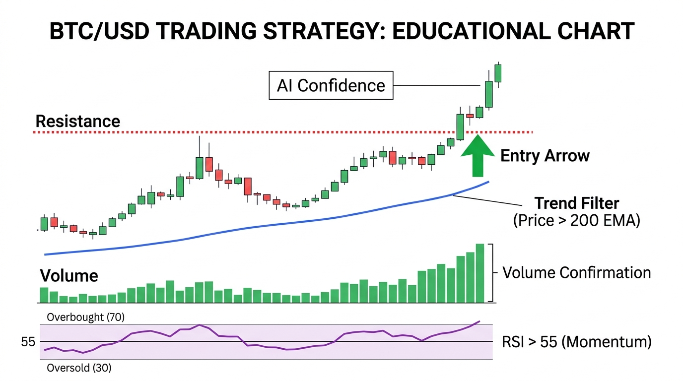 AI-assisted entry with trend, RSI, volume, and breakout confirmation