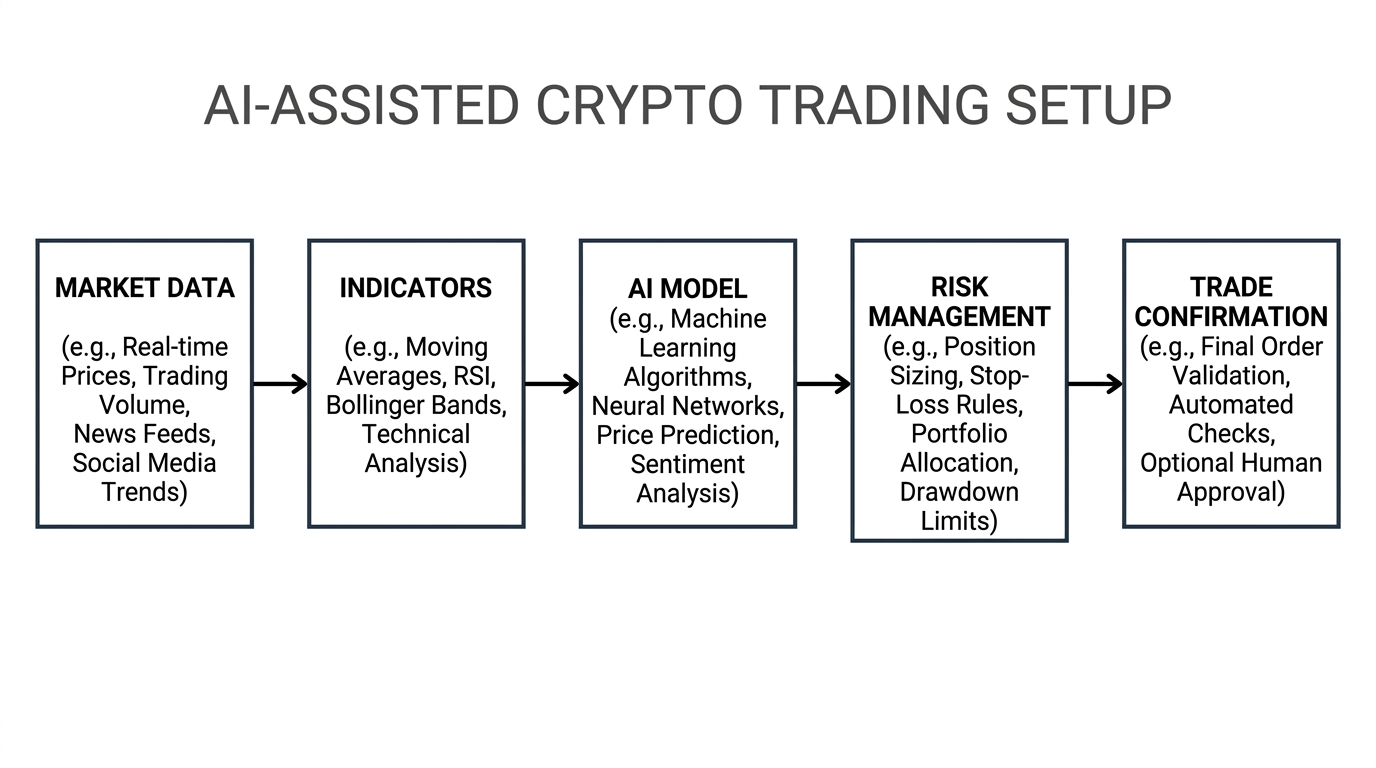 AI-assisted trading workflow: data, indicators, AI model, confirmation, risk management