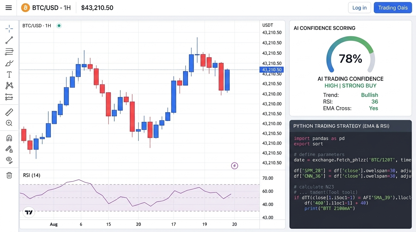 AI trading workspace with charts, indicators, and code