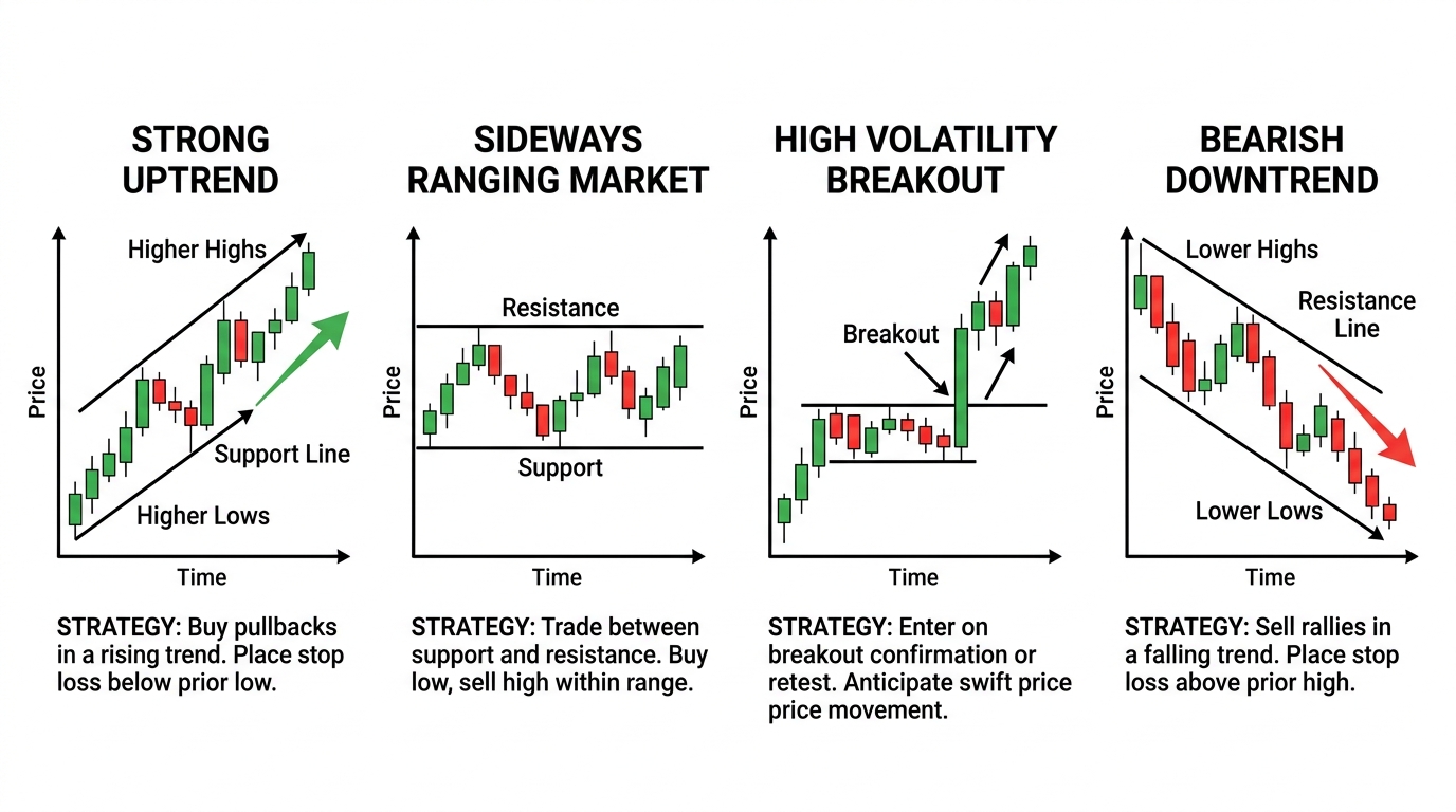 Four market conditions: uptrend, sideways, high volatility breakout, downtrend