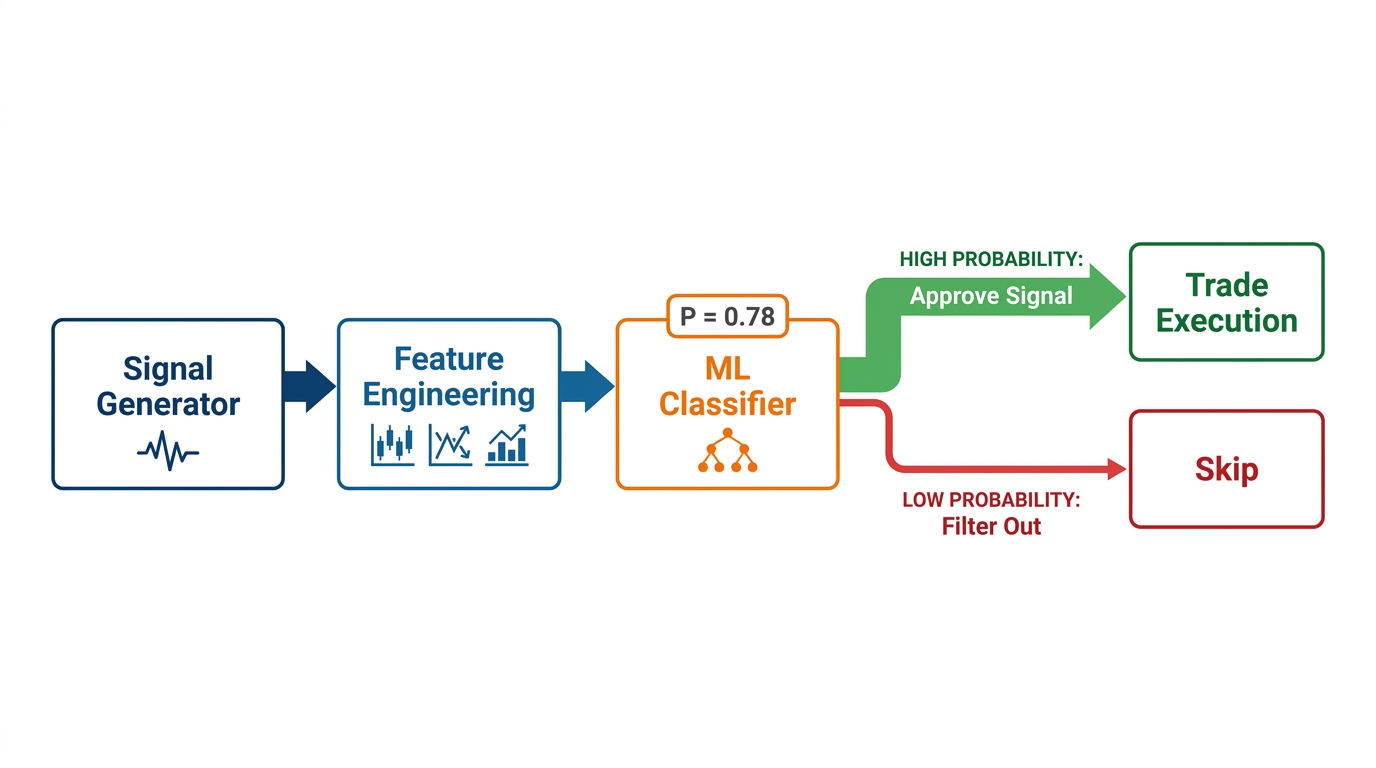 AI signal confirmation architecture: signal → features → model → approve/reject