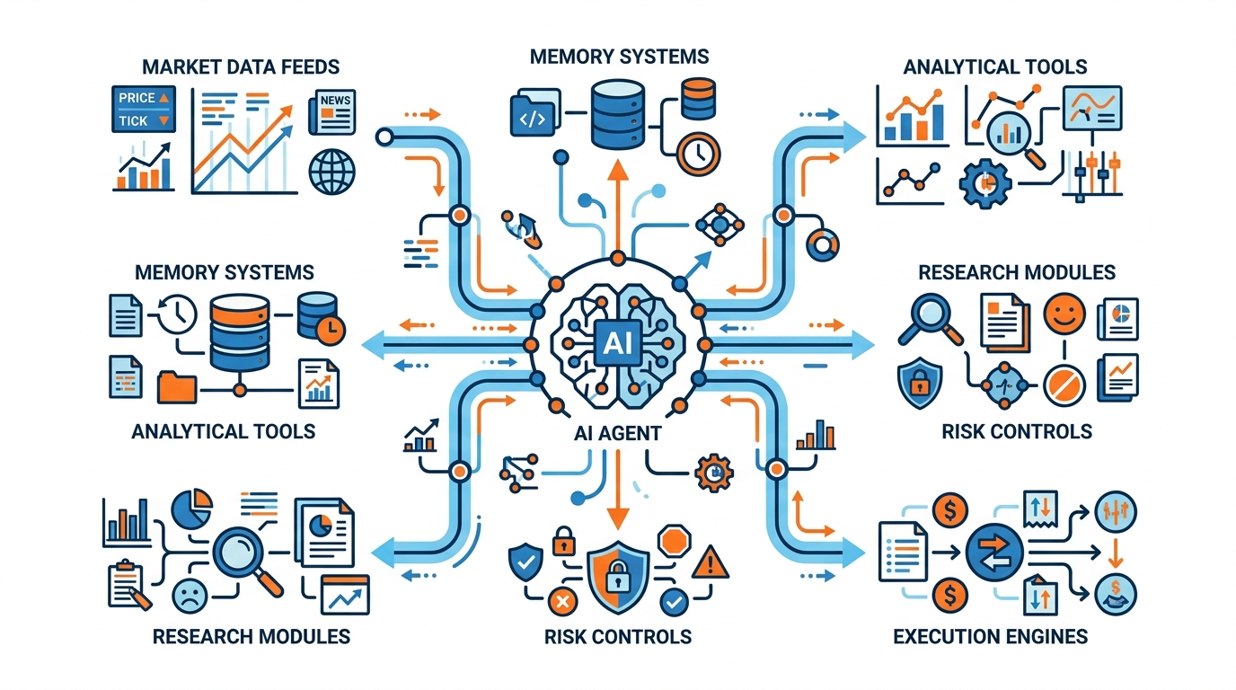 Central AI agent connected to memory systems, market data feeds, analytical tools, execution engines, risk controls, and research modules through intelligent decision-making pathways