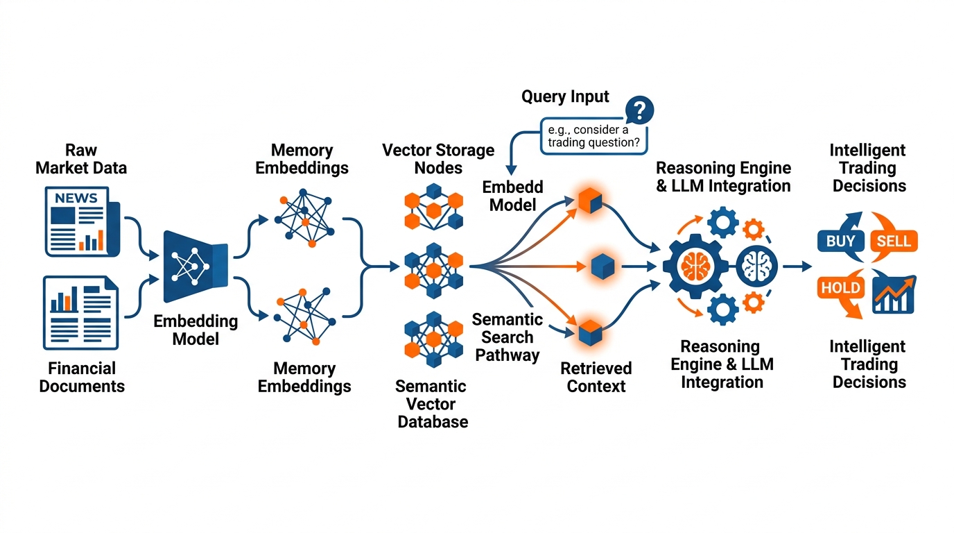 Memory embeddings, semantic search pathways, vector storage nodes, retrieval mechanisms, and contextual reasoning flows supporting intelligent trading decisions
