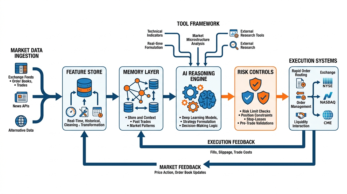 End-to-end system — market data ingestion, feature store, memory layer, AI reasoning engine, tool framework, risk controls, execution systems, and feedback loops forming autonomous trading ecosystem