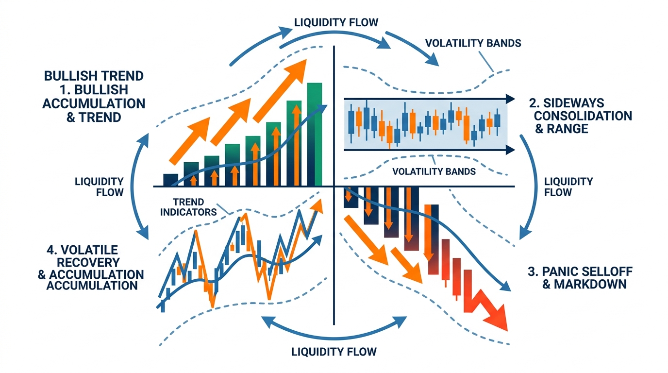 Four distinct market phases connected in flow — bullish trend with upward arrows, sideways consolidation with tight candles, panic selloff with cascading movement, volatile recovery phase with volatility bands and liquidity arrows