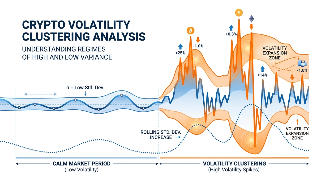 Volatility chart transitioning from calm low-volatility periods into clustered high-volatility spikes with expanding bands, rolling standard deviation curves, highlighted expansion zones