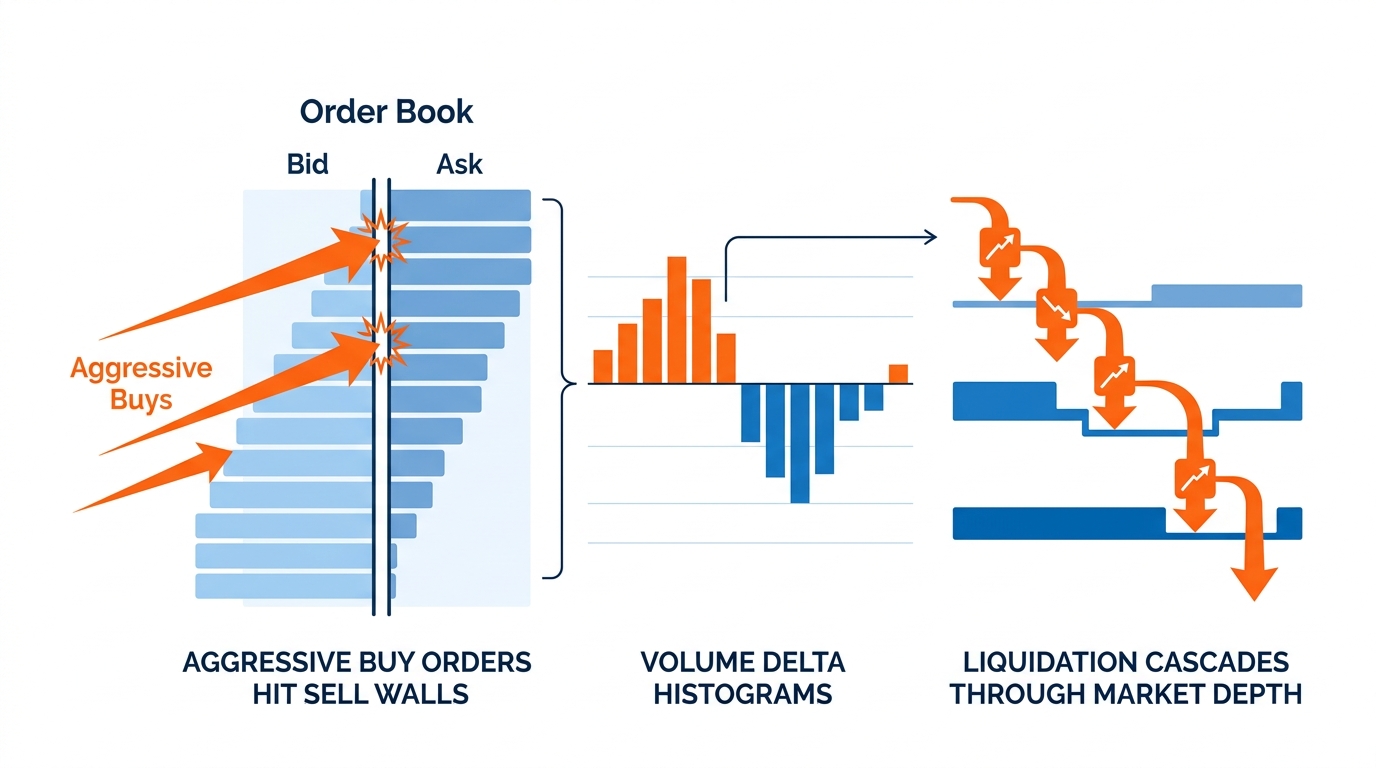 Stylized order book with bid and ask liquidity ladders, aggressive buy arrows hitting sell walls, volume delta histograms, and liquidation cascades flowing through market depth layers