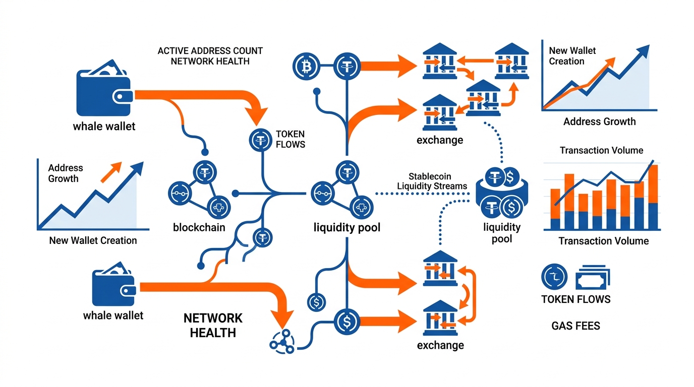 Blockchain nodes connected with transaction flows, whale wallet icons moving funds to exchanges, stablecoin liquidity streams, network activity charts with address growth indicators