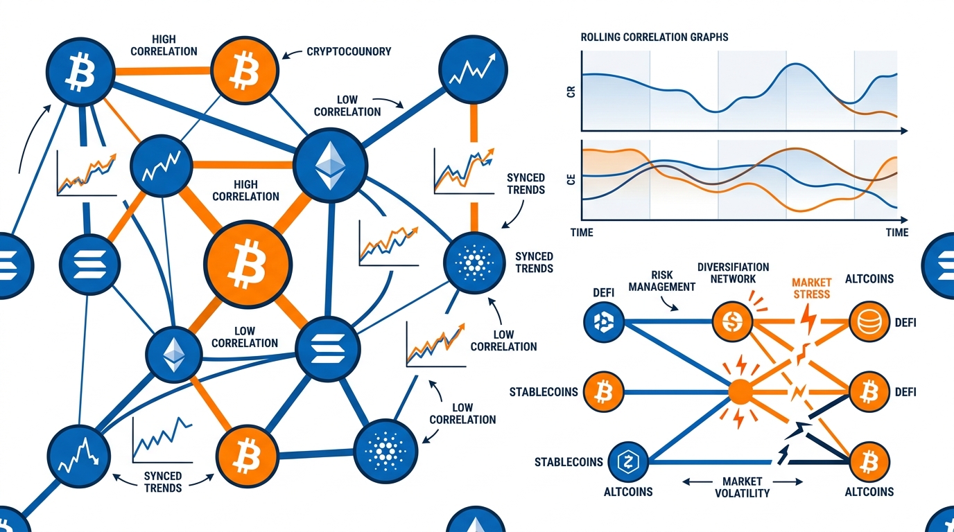 Interconnected cryptocurrency nodes with correlation lines, synchronized price movements, rolling correlation graphs, diversification networks reacting dynamically to market stress