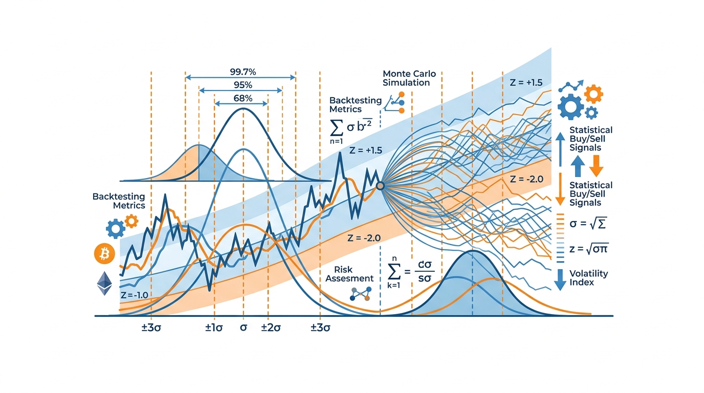 Bell curves, probability distributions, Monte Carlo simulation paths, z-score bands, statistical trading models layered around dynamic crypto price charts