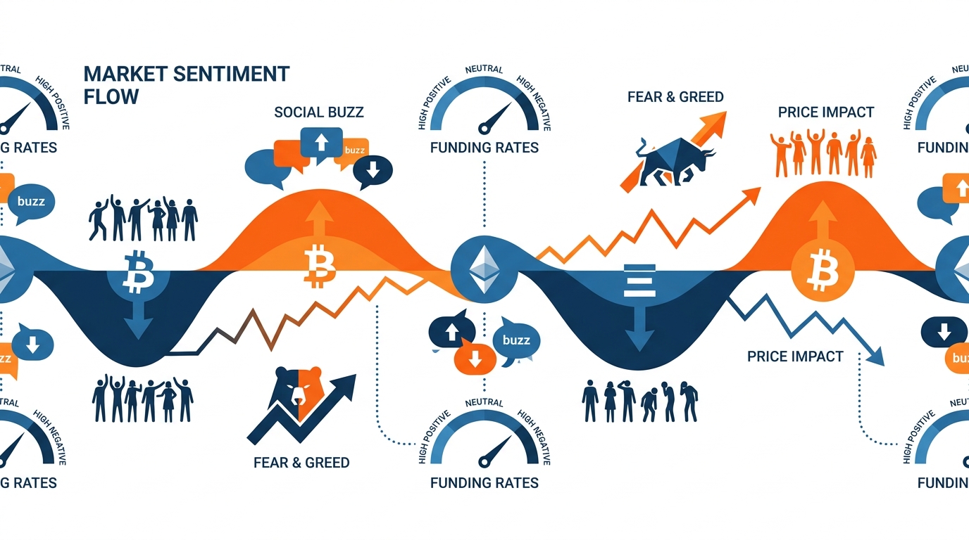 Sentiment waves flowing through crypto icons, funding rate gauges, social media activity clusters, fear and greed indicators, emotional market crowd dynamics affecting price movements