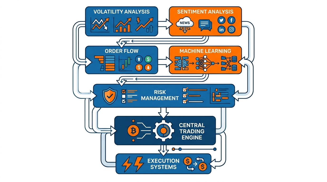 Layered modules connected in trading pipeline — volatility analysis, order flow, machine learning, risk management, sentiment analysis, execution systems feeding into central trading engine